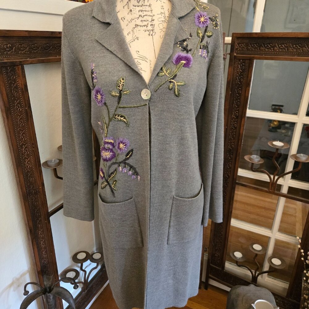 Rare Vintage Spiegel Floral Embroidered Long Cardigan, Sz S - Picture 2 of 10